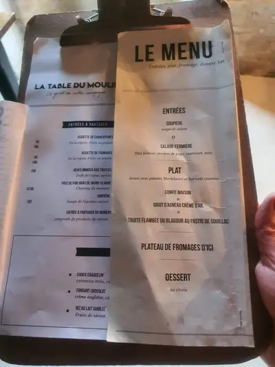 menu à la table du moulin