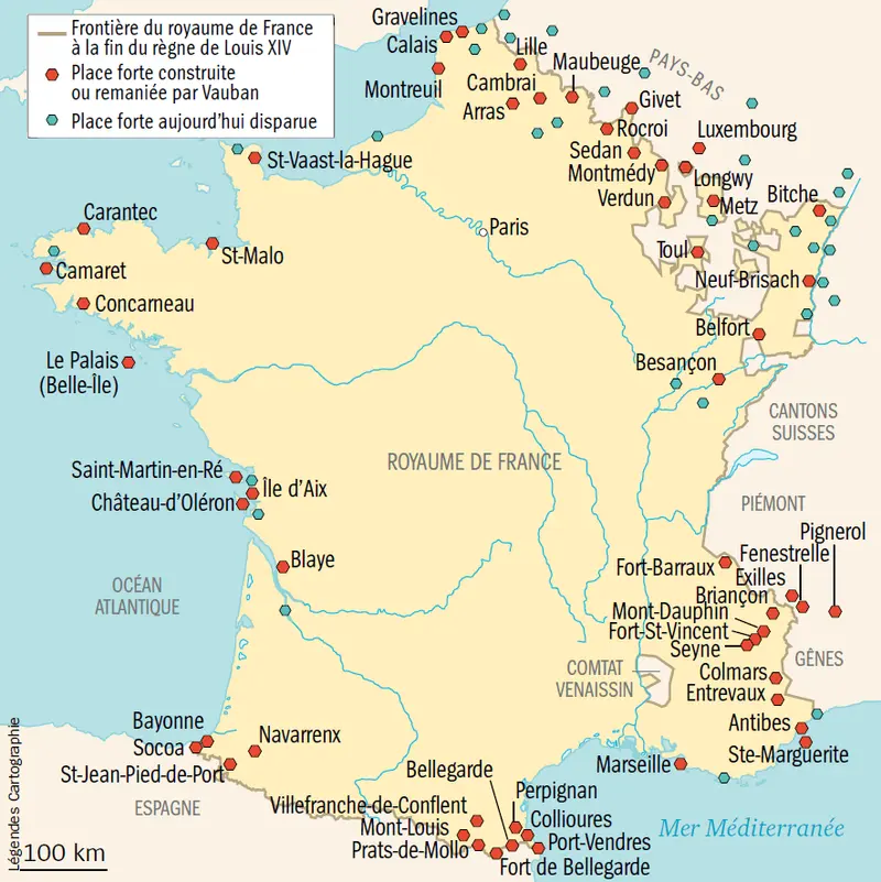 Carte des places fortes sous Louis XIV