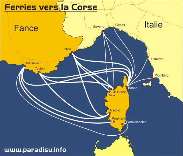 Carte des ferries vers la Corse