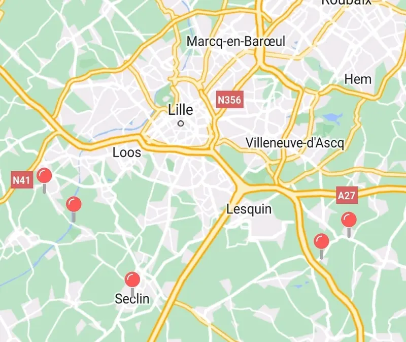 Carte des lieux visités aux alentours de Lille