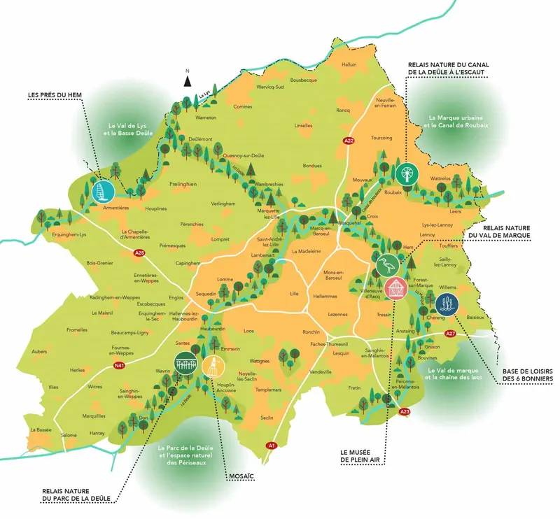 Carte des espaces naturels près de Lille