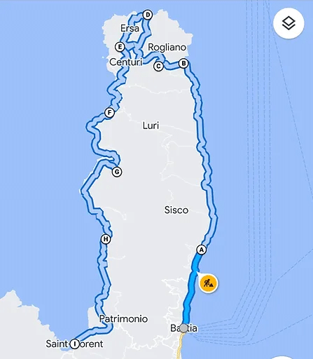Carte du tour du Cap corse avec les différents arrêts