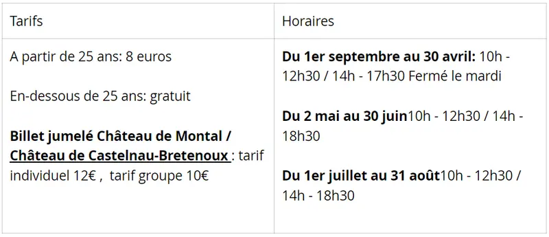 tableau des horaires et des tarifs