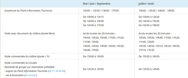 Horaires d'ouverture du cloître de Lavaudieu