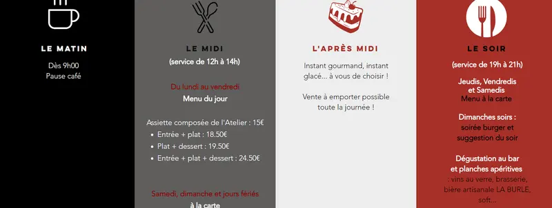 Menus au restaurant "l'Atelier"