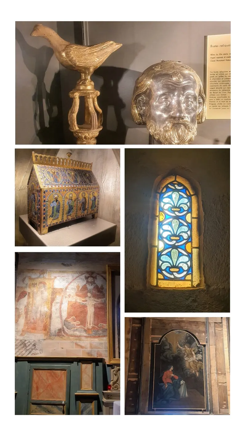 église avec des vitraux et une chasse émaillée
