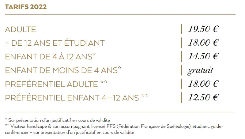 Tarifs 2022 gouffre de Padirac