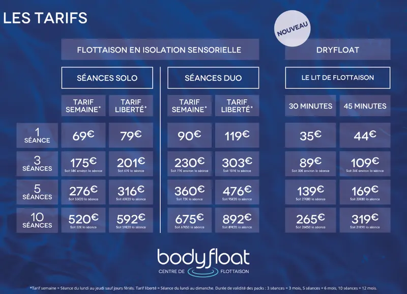 tarifs des séances