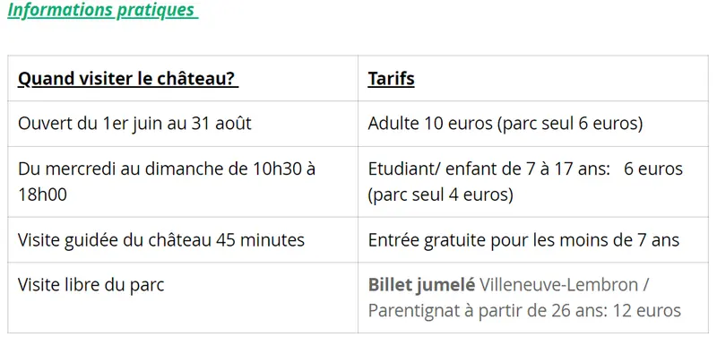 Tarifs château de Parentignat