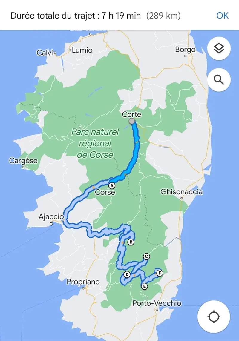 Mon trajet de Corte à Porto Vecchio